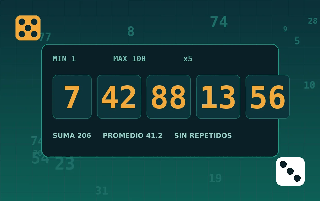 Panel del generador de números aleatorios mostrando cinco resultados entre 1 y 100